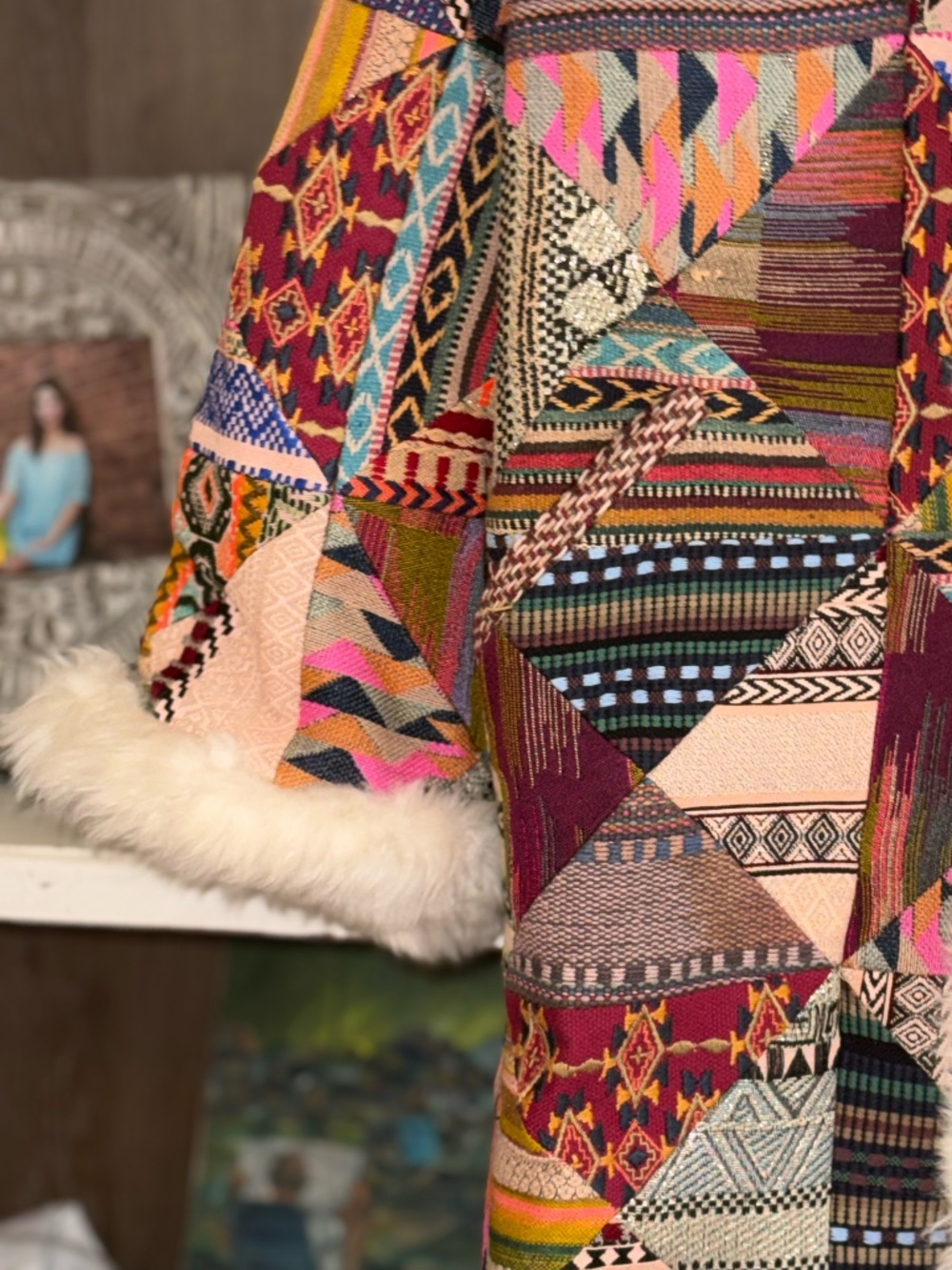 Free People Small S Caravan dream patchwork long coat faux fur trim - Picture 6 of 7